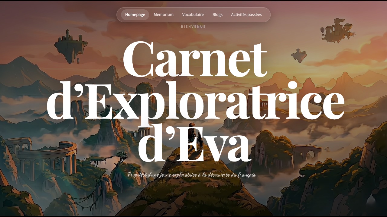Le Carnet Secret d'Eva homepage with an illustrated landscape