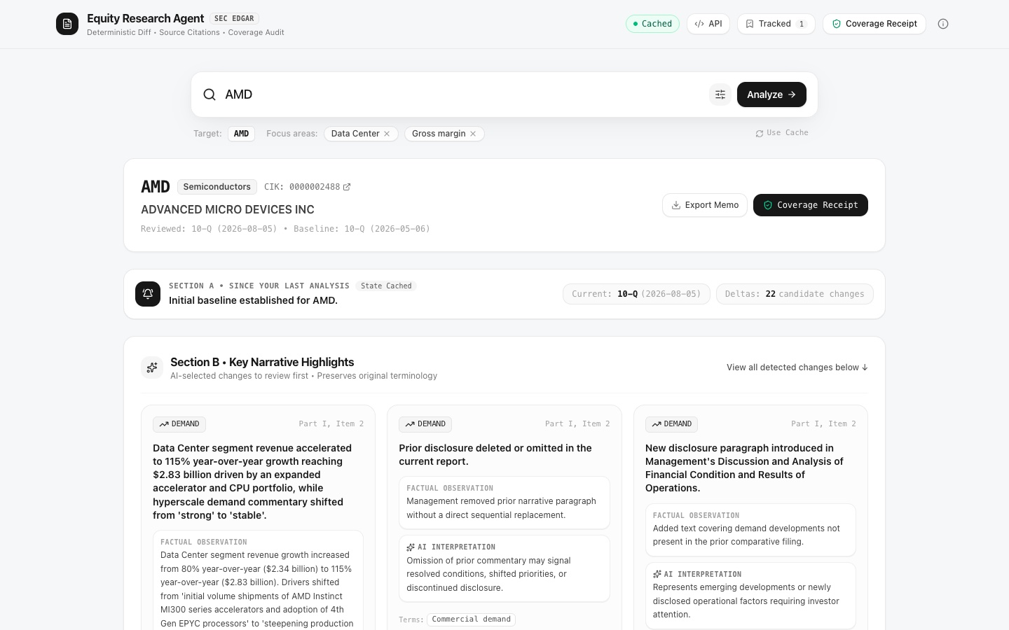 Updated Public Equity Research Agent interface analyzing AMD filings