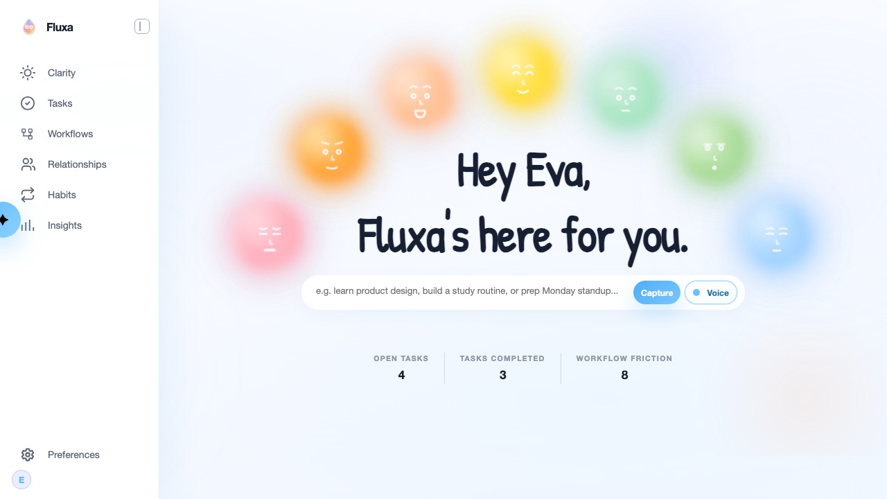 Fluxa homepage with mood, task, and planning controls
